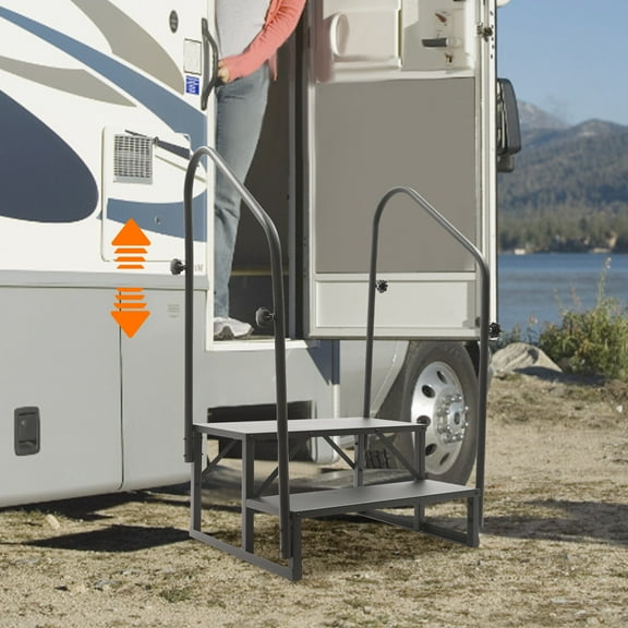 RV 2 Steps with Handrail Mobile Home Ladder Portable Stairs for RV, Hot Tub, Spa