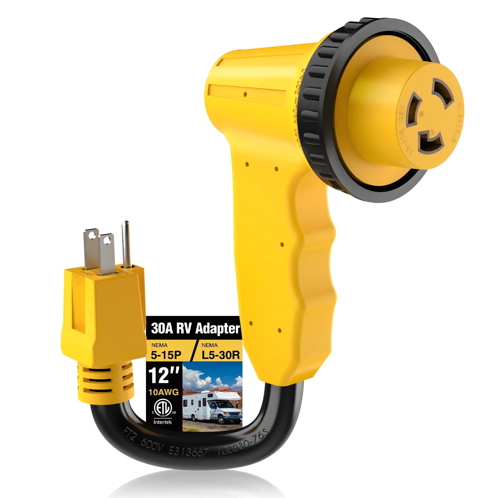 RV 30 Amp to 110 Adapter Cord  with Locking Connector, 30 Amp to 15 Amp RV Adapter, NEMA 5-15P to NEMA L5-30R Electrical Power Adapter with Upgraded Grip Handle, ETL Listed