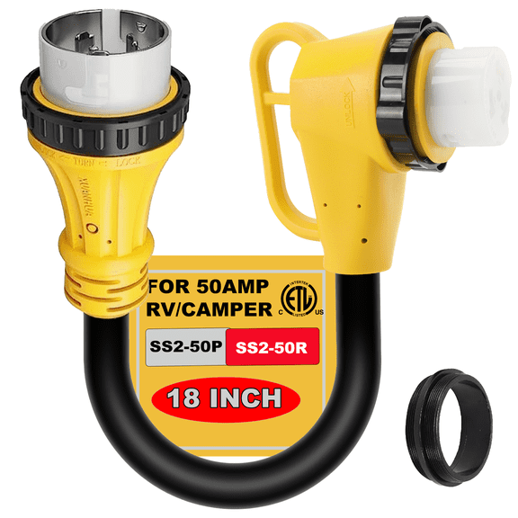 RV 50 Amp Twist Lock Plug Male to 50 Amp Locking 90 Degree Female RV Adapter for 50 Amp RV Extension Cord, 50 Amp Dogbone RV Connector for Pressure Relief, ETL Listed