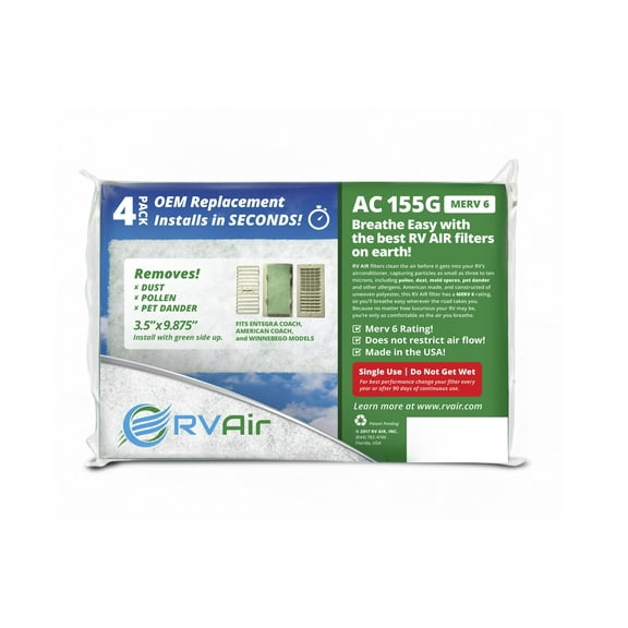 RV Air AC-155G Air Conditioner Filter Replacement, 4 Filters included, each is  9.5" x 3.5", Polyester, Green