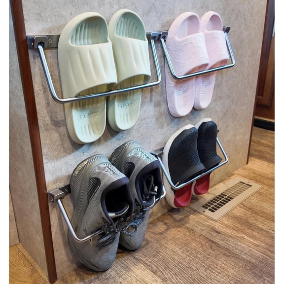 RV Aluminum Foldable Shoe Racks 4 Pack, Wall Mounted Folding RV Shoe Storage and Organizer, Compact Camper Travel Accessories and Space Saver for Bedside, 12x4.8