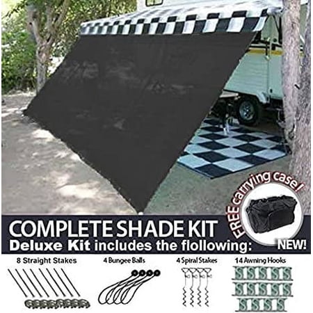 RV Awning Shade Motorhome Patio Sun Screen Complete Deluxe Kit (Black) (10'x12')