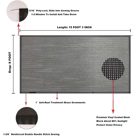 RV Awning Sun Shade Screen 8' X 15'3'' Mesh  Blocker for 16' Motorhome Camper Trailer