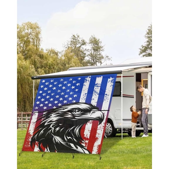 RV Awning Sun Shade Screen 9x7 ft American Flag Mesh Blocker with Zipper for Motorhome Camper Trailer Outdoor Canopy