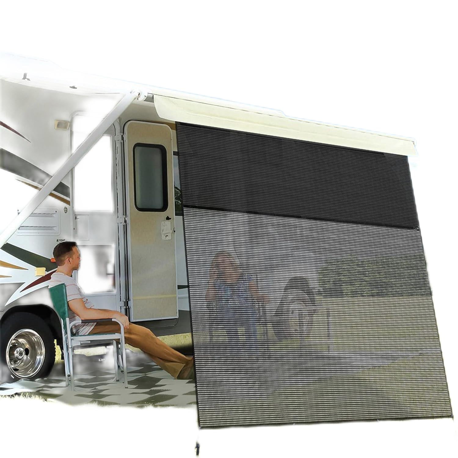 RV Awning Sun Shade Screen, Mesh Bottom 600D Oxford Top Screen Sun Shade Complete Kits with Zipper UV Blocker Sunscreen Canopy for Camper Trailer Motorhome Awnings Black 12FT