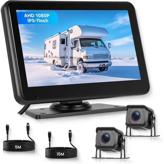 RV Backup Camera,7'' Backup Camera ,1080P 4K,2 Channels,Wide Angle,DIY Guide Lines,Night Vision,IP69 Rear View Camera +5m/15m Extension Cord for Bus/RV//-Plug and Play