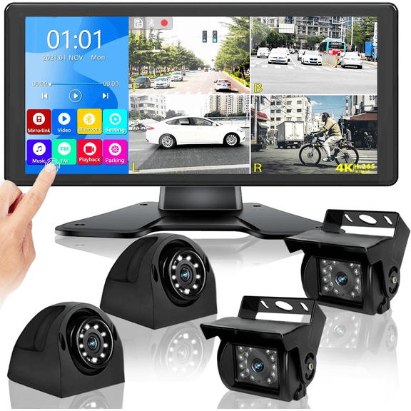 RV Backup Camera System with 10.36 4K Monitor for RV Truck Bus Trailer with 4 Rear/Side View 1080P HD Cameras 4 Splits Touch Screen DVR Recording IP69 Waterproof Bluetooth Music Video Avoid Blind