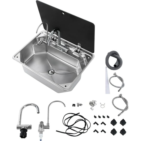 RV Bar Kitchen Sink with Cold Hot Faucet & Water Filter Faucet and Lid, Stainless Steel Single Bowl Hand Wash Drop-In Sinks for Workstation, RV, Bar, Boat, Prep Kitchen, Camper Van