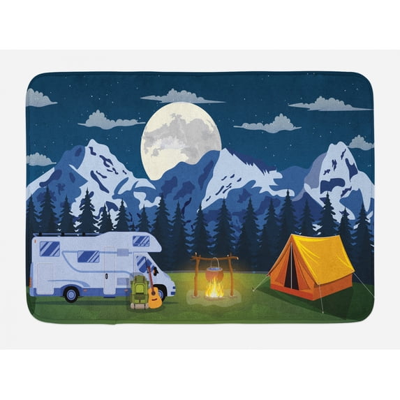 RV Bath Mat, Outdoors Activity Themed Camping Area Image in the Woods with a Cozy Tent and Campfire, Plush Bathroom Decor Mat with Non Slip Backing, 29.5" X 17.5", Multicolor, by Ambesonne
