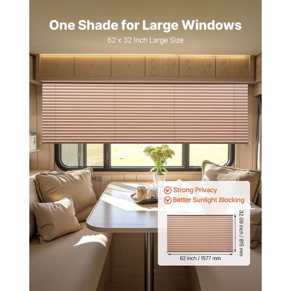 RV Blinds,62 inx32 in,RV Pleated Shades,Polyester Fabric,Easy to Clean&Install,Privacy Protection&Sunlight Blocking,for Camper,Travel Trailer,Motorhome Window,Cappuccino