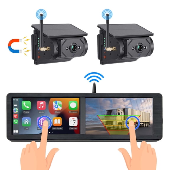 Wireless Magnetic Backup Camera for Trailer, Dual Portable Touchscreen with Apple CarPlay, 1080P HD Monitor with Solar 9600mAh Rechargeable Night Vision Rear Camera for Truck, RV, Camper