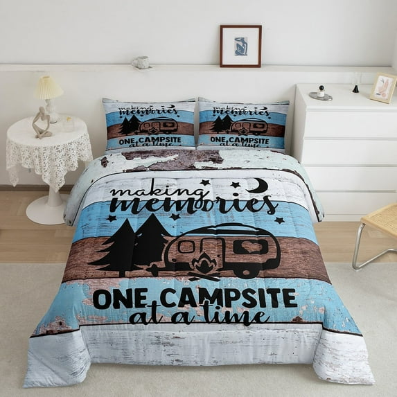 RV Camper Bedding Queen,Camping Comforter Set Camping Decor,RV Travel Car Camping Down Comforter for Adult Men,Hand Drawn Wooden Plank Grunge Vintage Quilt Camping Accessories for Inside Brown Blue