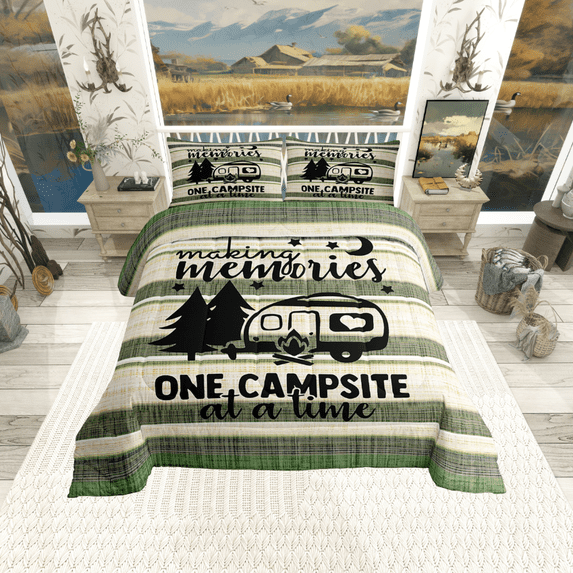 RV Camper Bedding Queen,Camping Comforter Set Camping Decor,RV Travel Car Camping Down Comforter for Men Adult,Farmhouse Wood Board Beige Green Striped Vintage Quilt Camping Accessories for Inside