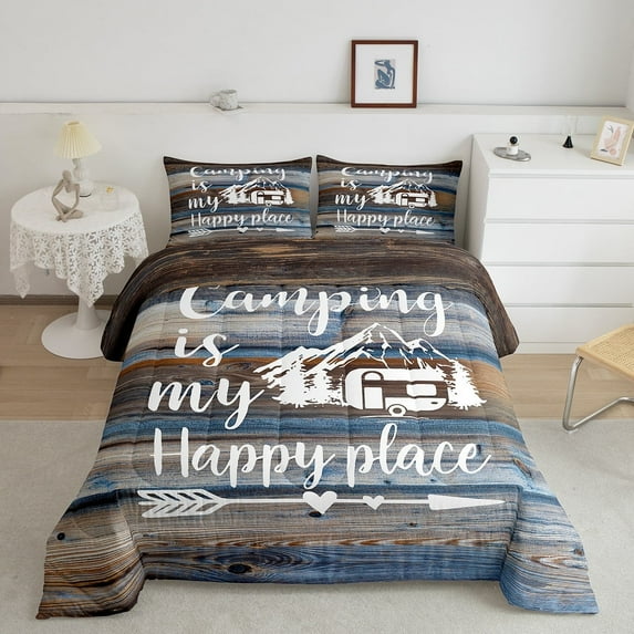 RV Camper Bedding Queen,Camping Comforter Set Camping Decor,RV Travel Car Camping Down Comforter for Men Women,Hand Drawn Wooden Plank Grunge Vintage Quilt Camping Accessories for Inside Brown Blue