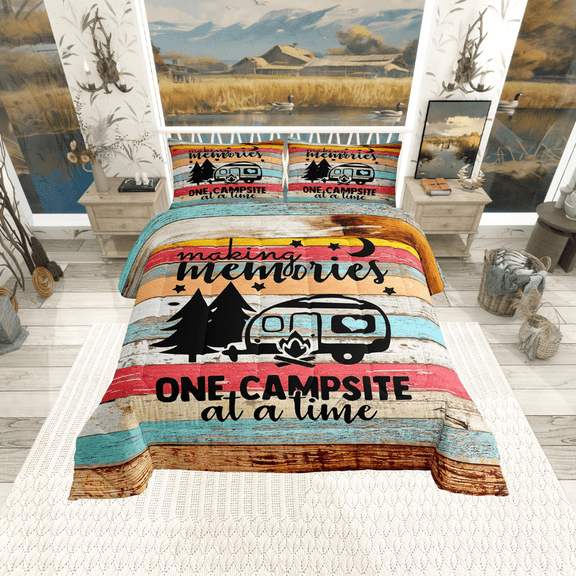 RV Camper Bedding Queen,Camping Comforter Set Camping Decor,RV Travel Car Camping Down Comforter for Women ,Rustic Wooden Plank Messy Rust Vintage Quilt Camping Accessories for Inside Red Teal