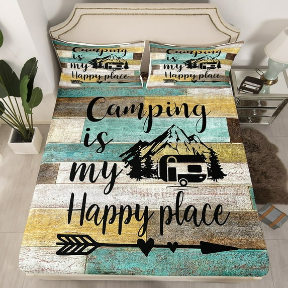 RV Camper Bedding Set Queen,Camping Fitted Sheet Camping Decor,RV Travel Car Camping Bed Sheets,Rustic Wooden Barn Door Grunge Vintage Bed Set Camping Accessories Yellow Teal