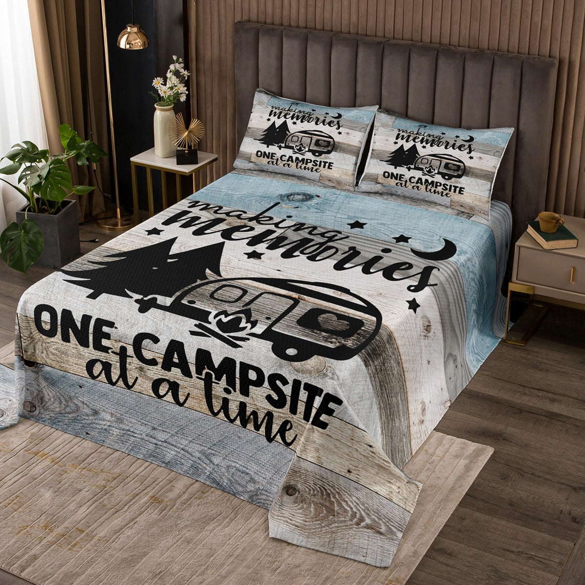 RV Camper Bedspread Set King,Camping Quilt Set Camping Decor,RV Travel