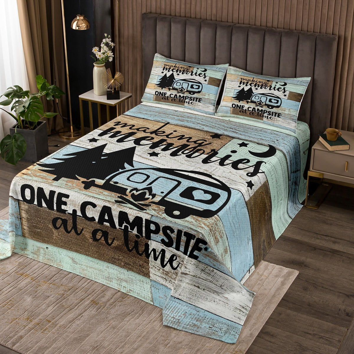 RV Camper Bedspread Set King,Camping Quilt Set Camping Decor,RV Travel