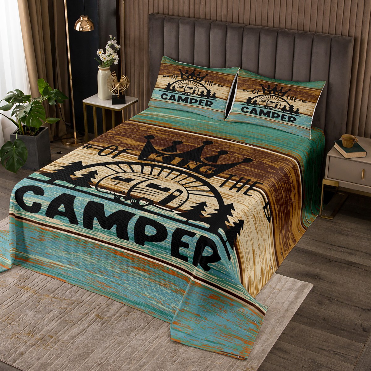 RV Camper Bedspread Set King,Camping Quilt Set Camping Decor,RV Travel