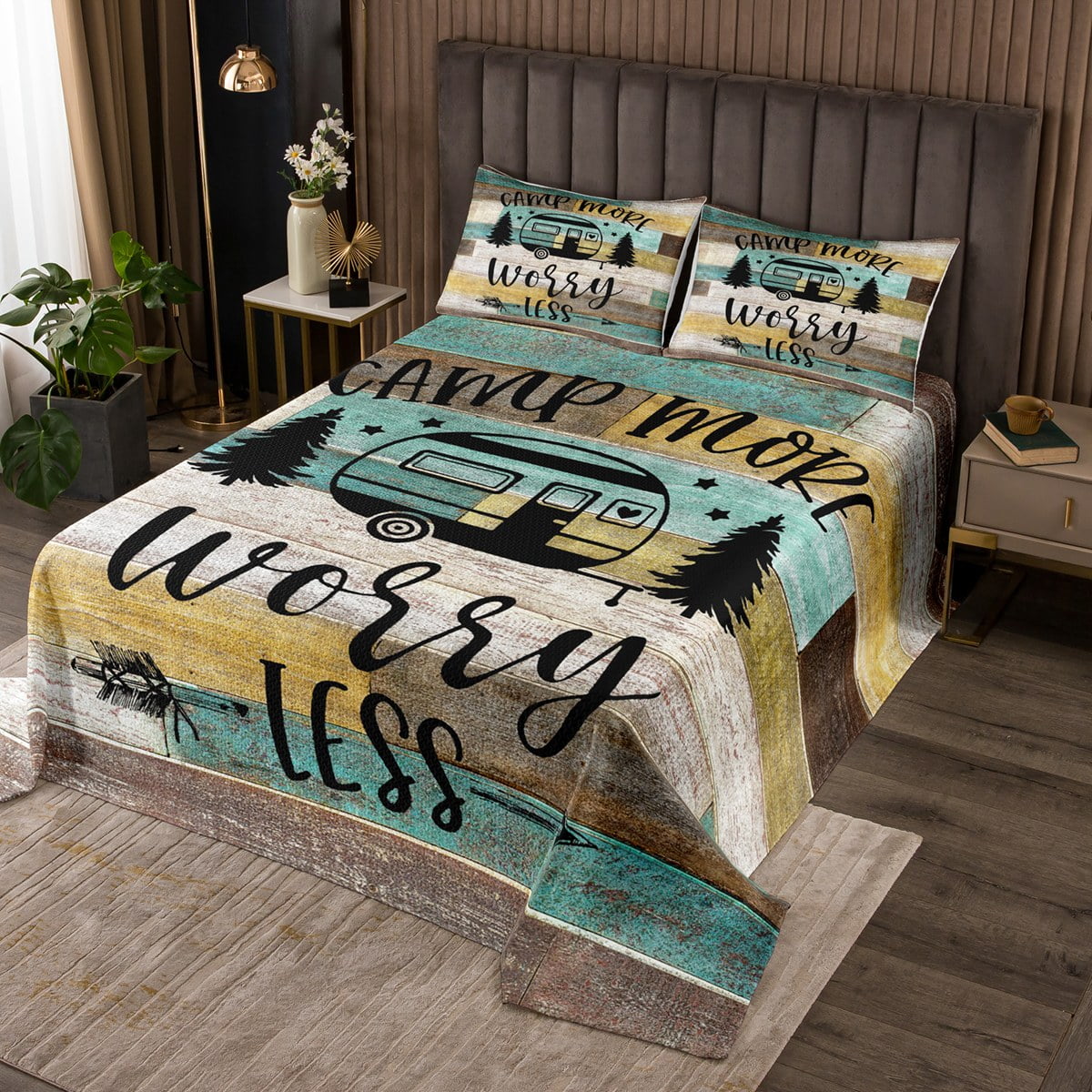 RV Camper Bedspread Set King,Camping Quilt Set Camping Decor,RV Travel