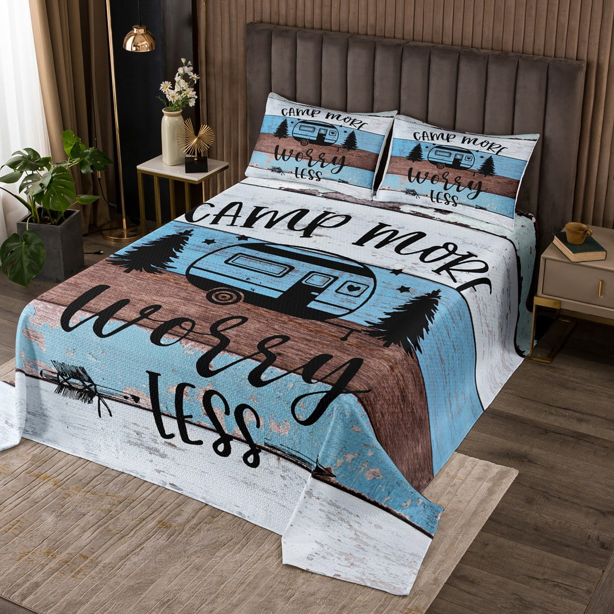 RV Camper Bedspread Set King,Camping Quilt Set Camping Decor,RV Travel
