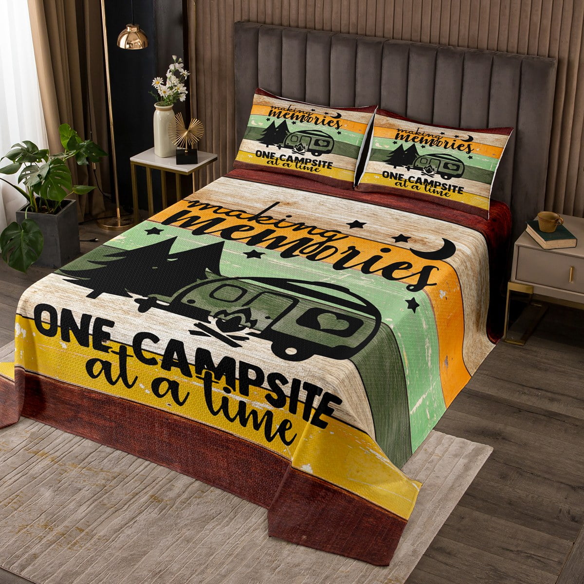 RV Camper Bedspread Set King,Camping Quilt Set Camping Decor,RV Travel