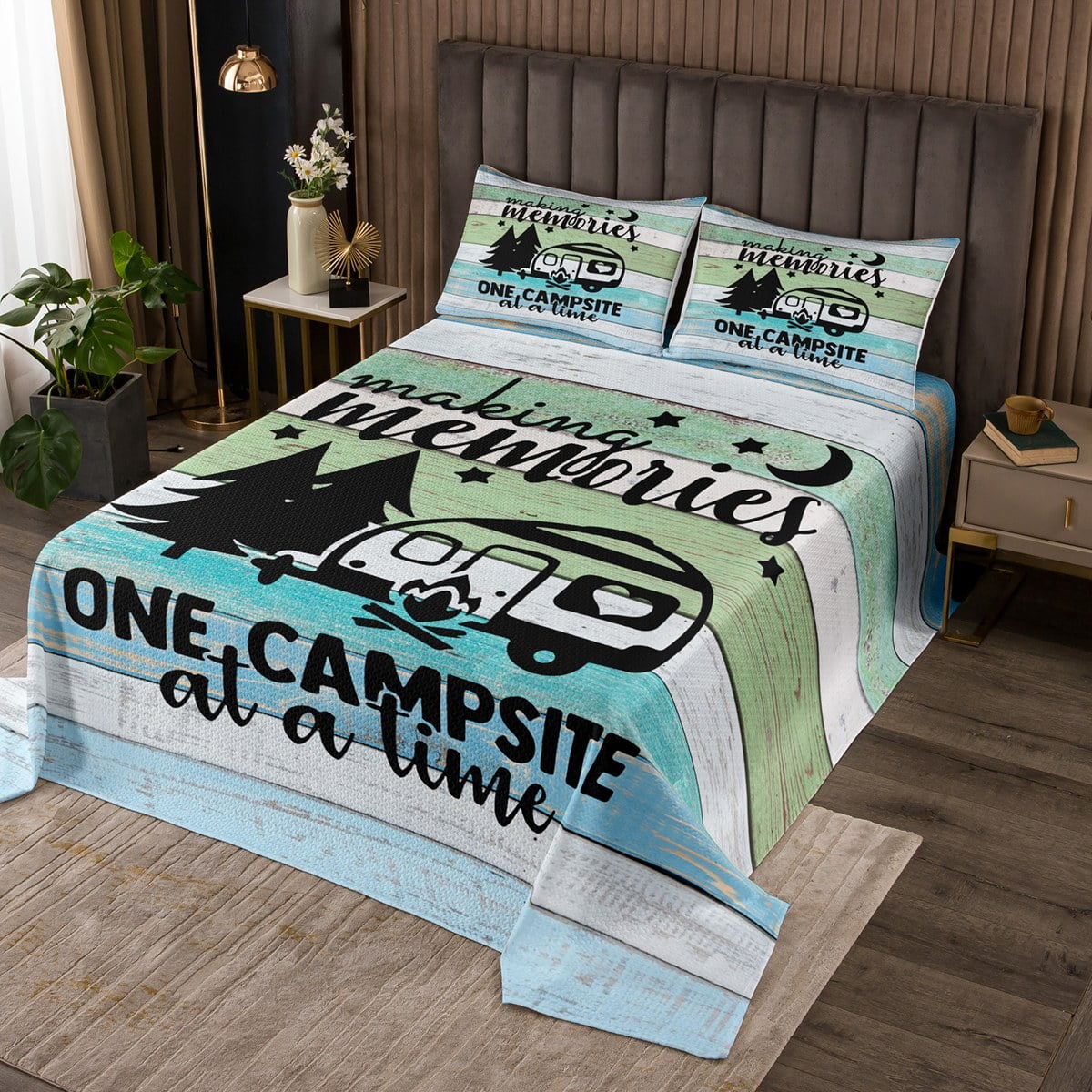 RV Camper Bedspread Set King,Camping Quilt Set Camping Decor,RV Travel