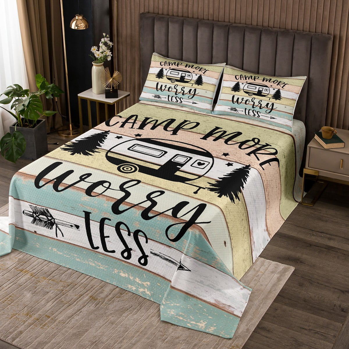 RV Camper Bedspread Set King,Camping Quilt Set Camping Decor,RV Travel