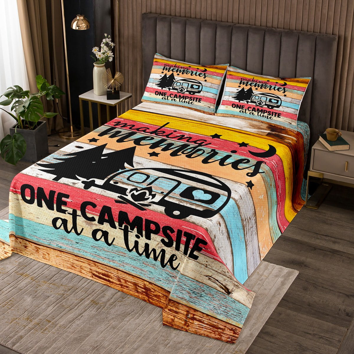 RV Camper Bedspread Set King,Camping Quilt Set Camping Decor,RV Travel