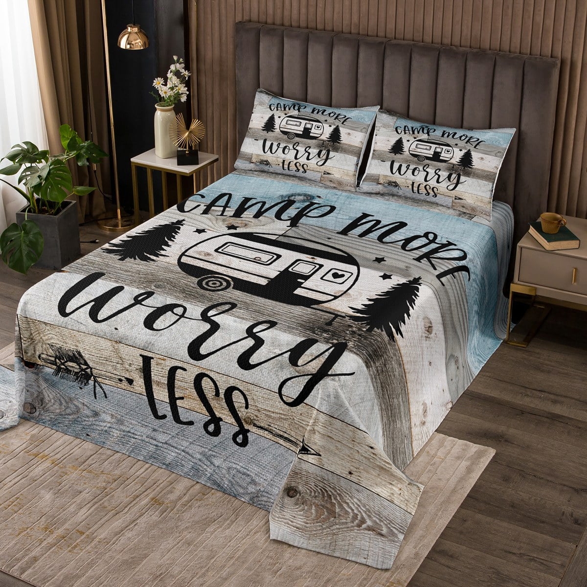 RV Camper Bedspread Set King,Camping Quilt Set Camping Decor,RV Travel