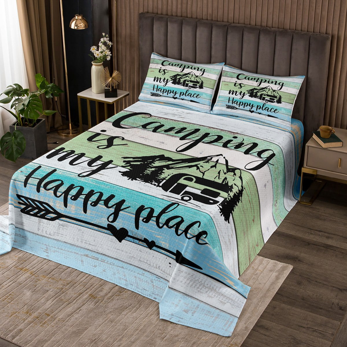 RV Camper Bedspread Set King,Camping Quilt Set Camping Decor,RV Travel