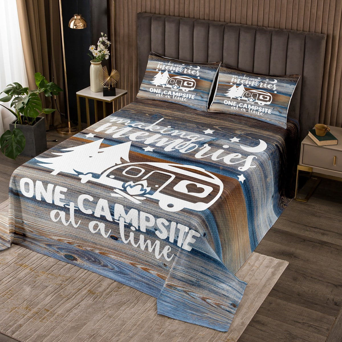 RV Camper Bedspread Set King,Camping Quilt Set Camping Decor,RV Travel