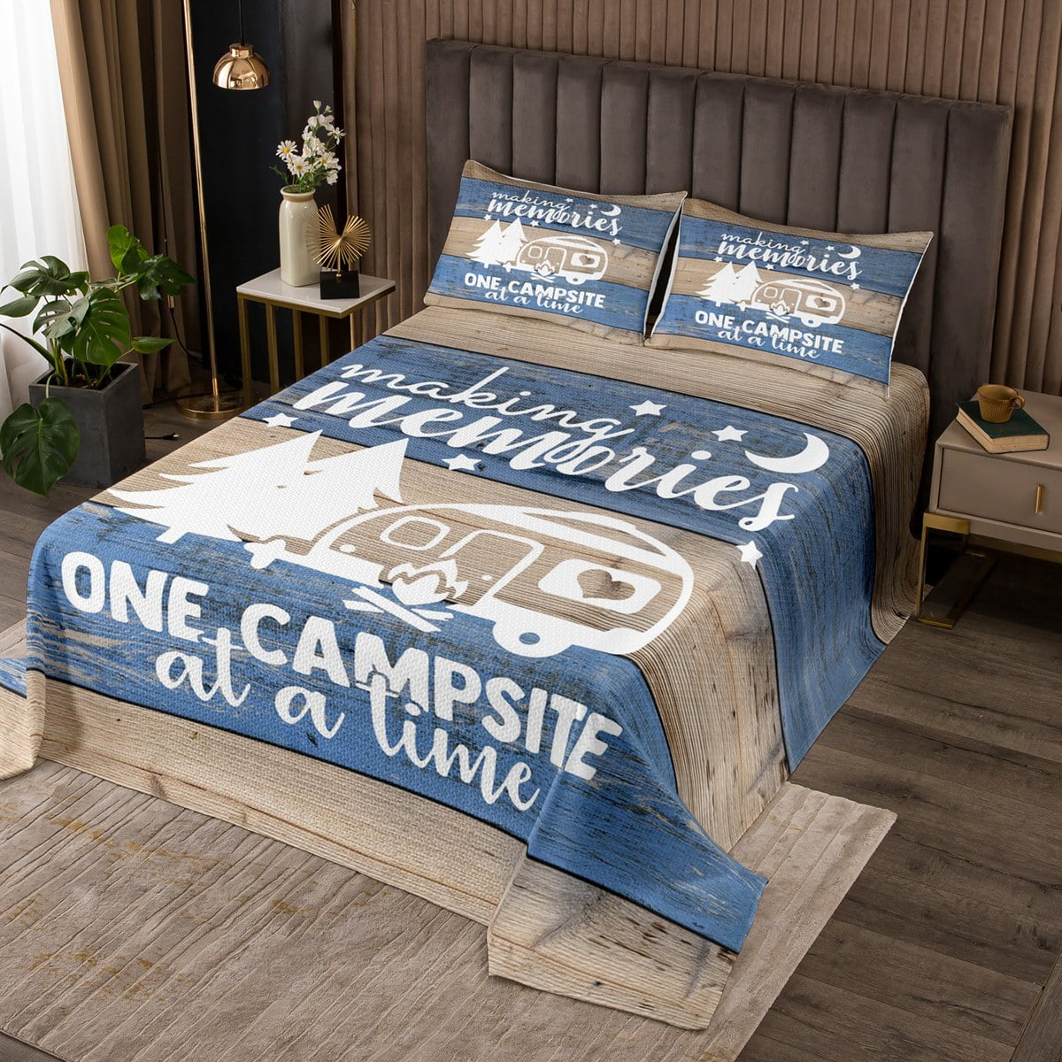 RV Camper Bedspread Set King,Camping Quilt Set Camping Decor,RV Travel