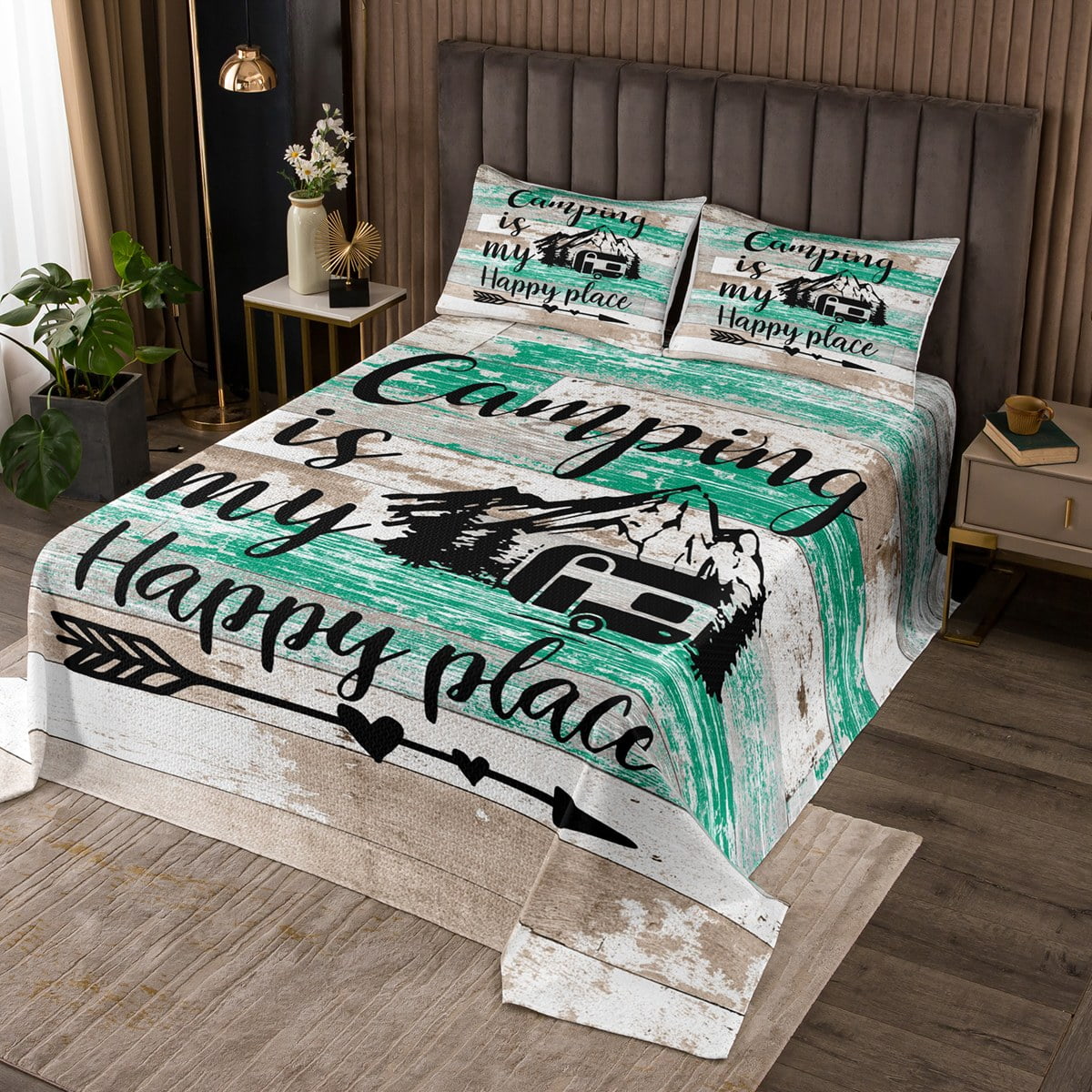 RV Camper Bedspread Set King,Camping Quilt Set Camping Decor,RV Travel