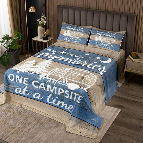 RV Camper Bedspread Set King,Camping Quilt Set Camping Decor,RV Travel Car Camping Coverlet Set for Men Women,Wood Board Blue Ombre Art Grunge Vintage Quilted Camping Accessories