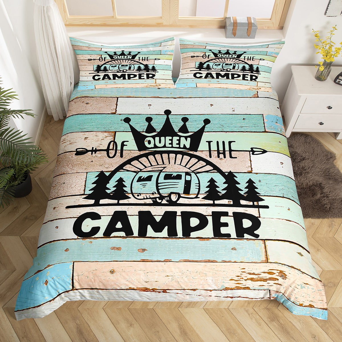RV Camper Duvet Cover Queen,Camping Bedding Set Camping Decor,RV Travel