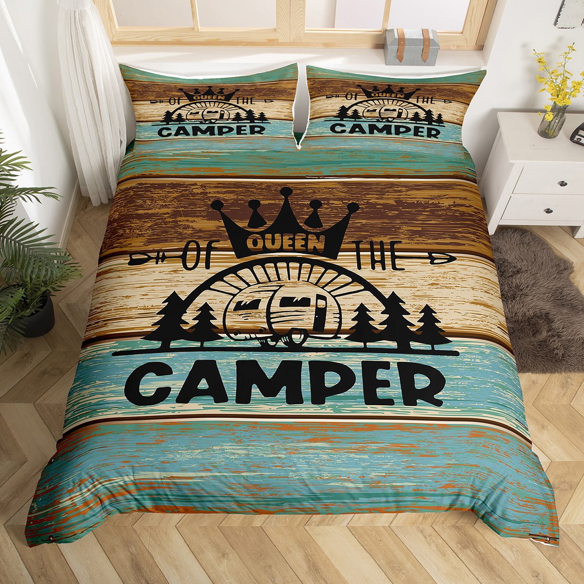 RV Camper Duvet Cover Queen,Camping Bedding Set Camping Decor,RV Travel