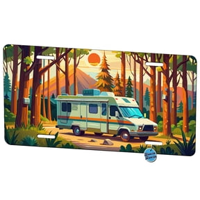 RV Camper In The Woods Metal Novelty License Plate