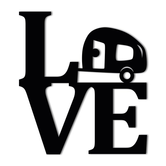 RV Camper Metal LOVE Sign | Metal Camping Metal Wall Decor | LOVE Sign Wall Art with Camper RV | Happy Camper Sign Indoor or Outdoor Sign | 3 Sizes / 13 Colors - Handmade in the USA - 14"