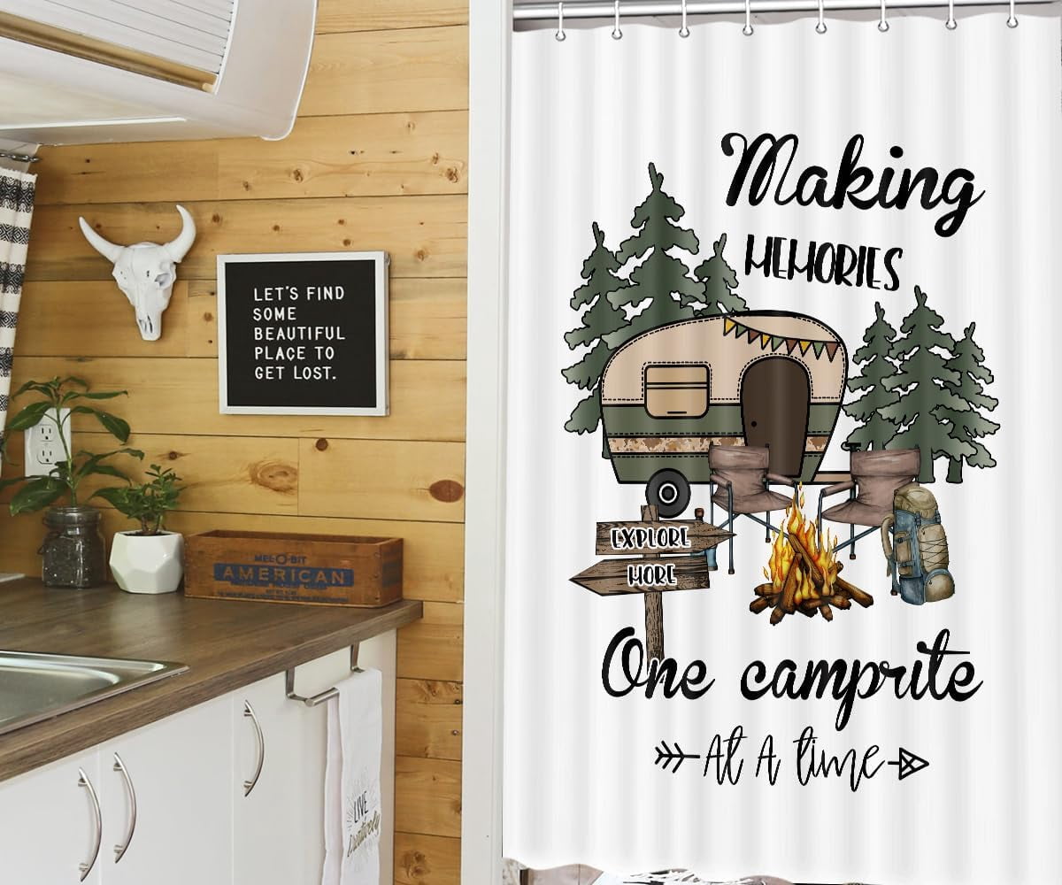 RV Camper Shower Curtain, Rustic Travel Trailer Camping Rules Quote ...
