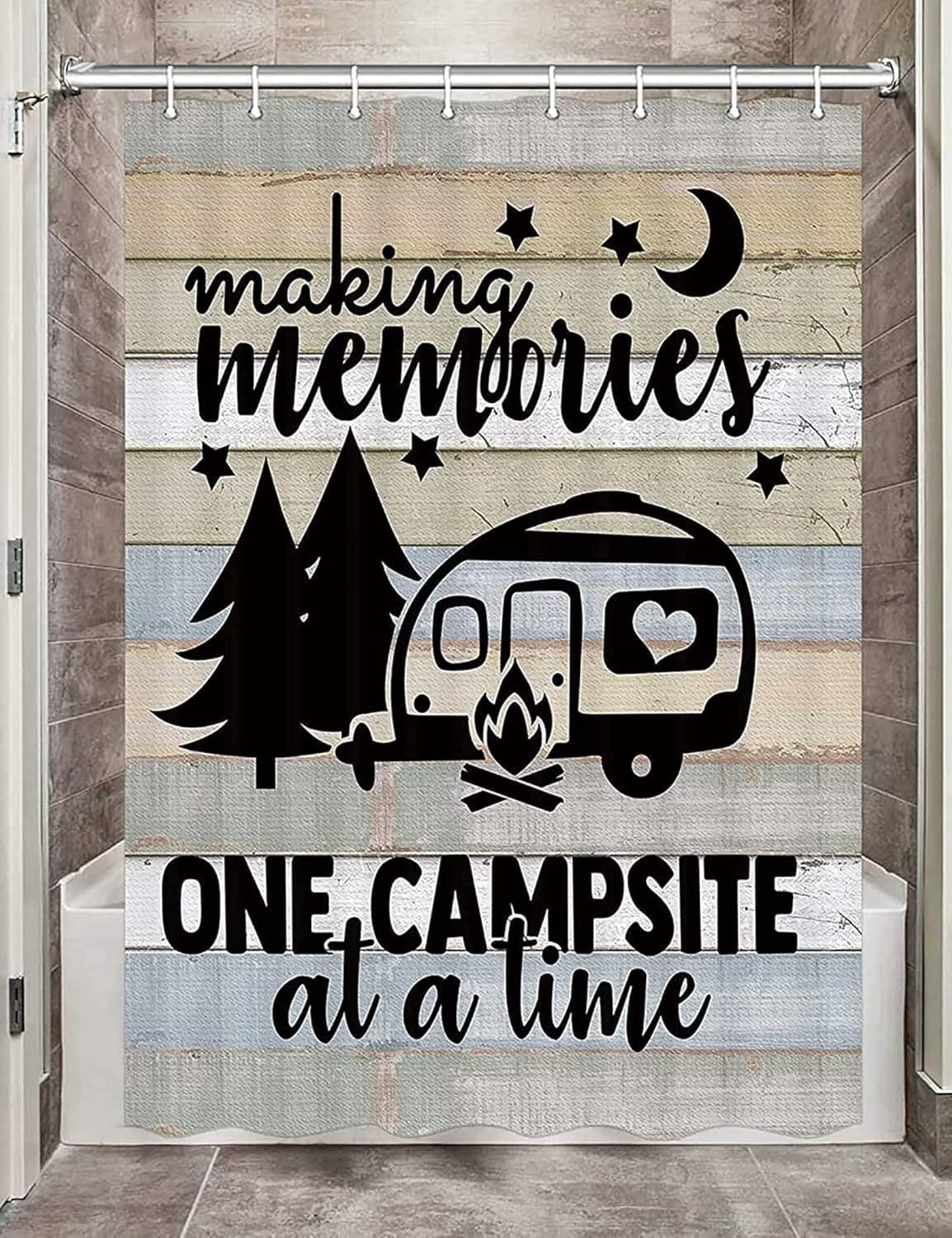 RV Camper Shower Curtain for Travel Trailer Bathroom, Rustic Forest Camping Stall Size Narrow Fabric Shower Curtains Set, Farmhouse Happy Camp Decor Motorhome Accessories,8pcs Hooks, 47X70 IN
