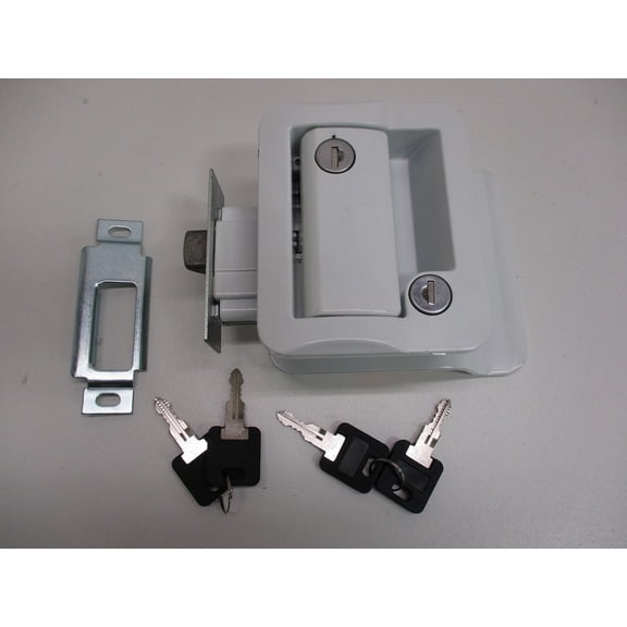 RV Camper Trailer White Entry Door Handle Latch Keyed Lock w/ Deadbolt / 4 Keys