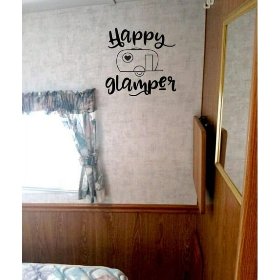 RV Camper Wall Art Decor Happy Glamper Vintage Vinyl Decals Sticker 12x11.5-Inch Black