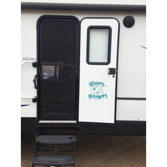RV Camper Wall Art Decor Happy Glamper Vintage Vinyl Decals Sticker 12x11.5-Inch Teal