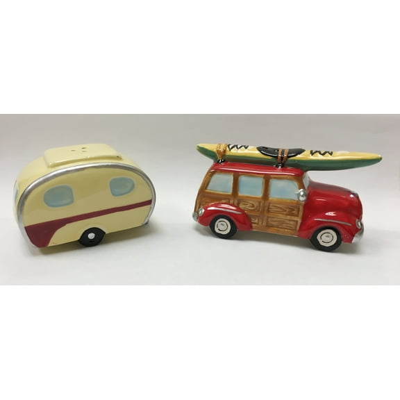 RV Camper Woody Kayak Salt and Pepper Shaker Ceramic