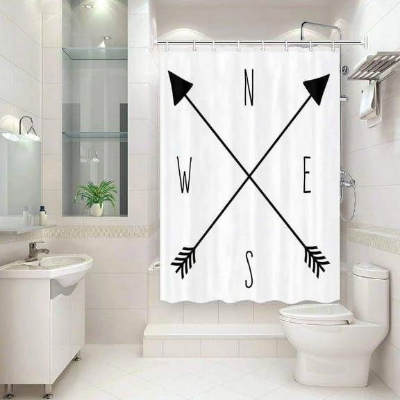 RV Camping Shower Curtain for Camper Trailer Camping Bathroom, Compass and Arrows N - S - E - W, Shorter and Narrow Shower Curtain with Hooks Set, 48X70in