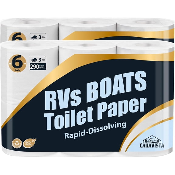 RV Camping Toilet Paper - 12 Rolls Rapid-Dissolve Marine & Trailer Septic Safe Tissue - Biodegradable 3-Ply 290 Sheets Bath Tissue for Marine, Travel, and Camper Systems