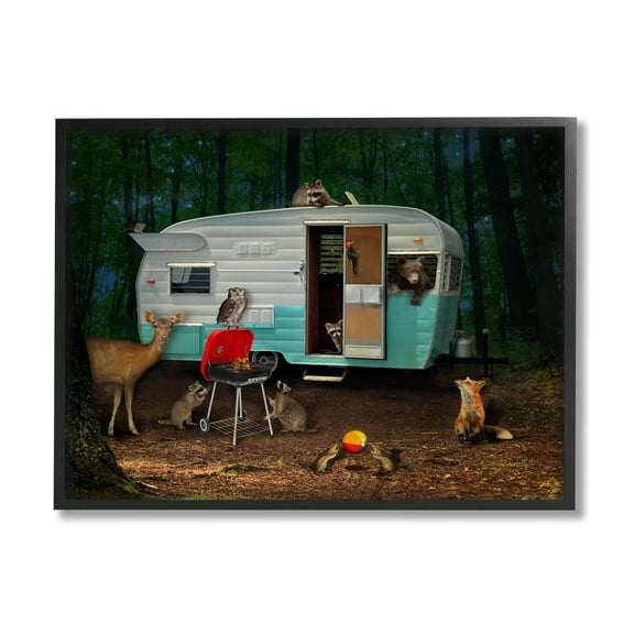 RV Camping Woodland Wildlife Animals Animals & Insects Graphic Art Black Framed Art Print Wall Art