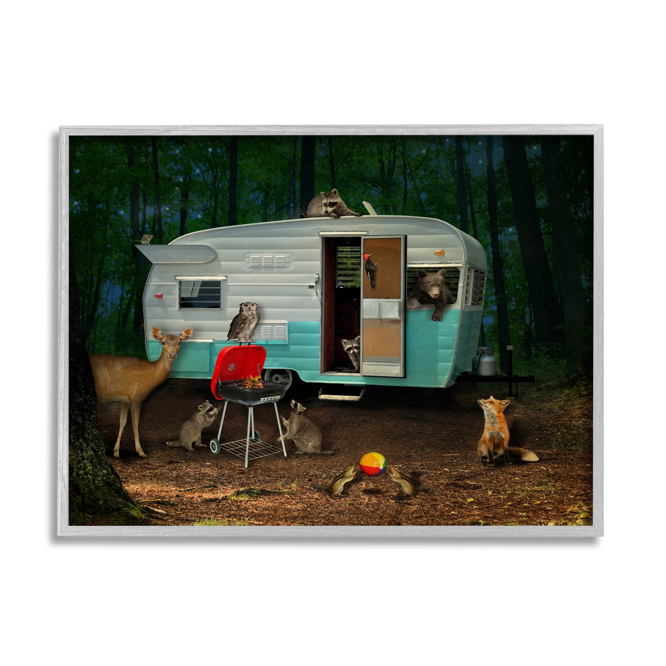 RV Camping Woodland Wildlife Animals Animals & Insects Graphic Art Gray Framed Art Print Wall Art