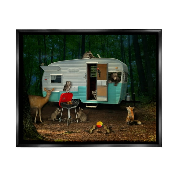 RV Camping Woodland Wildlife Animals Animals & Insects Graphic Art Jet Black Framed Art Print Wall Art